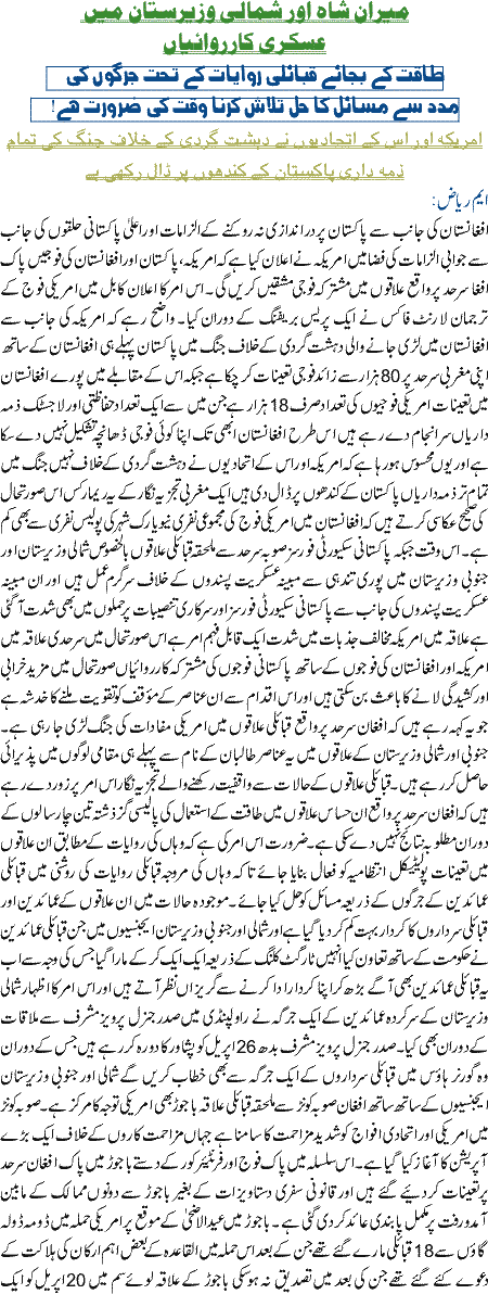 Miran Shah Or Shumali Wazirastan main karwaiyaan