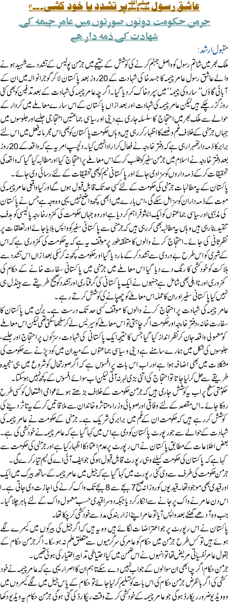 Aashiq e Rasool (SAW) Per Tashadud ya Khudkushi