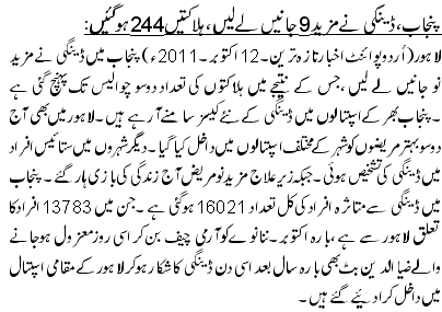 پنجاب ،ڈینگی نے مزید 9 جانیں لے لیں ، ہلاکتیں 244 ہوگئیں