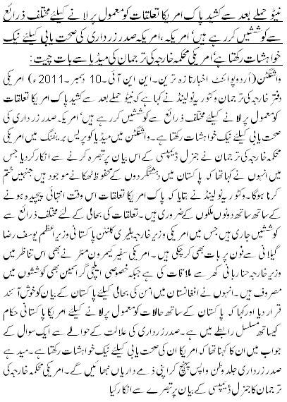 نیٹو حملے بعد سے کشید پاک امریکا تعلقات کو معمول پر لانے کیلئے مختلف ذرائع سے کوششیں کررہے ہیں۔ امریکہ ،امریکہ صدر زر داری کی صحت یابی کیلئے نیک خواہشات رکھتاہے ۔ امریکی محکمہ خارجہ کی ترجمان کی میڈیا سے بات چیت