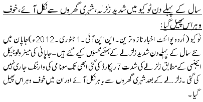 سال کے پہلے دن ٹوکیو میں شدید زلزلہ ، شہری گھروں سے نکل آئے، خوف وہراس پھیل گیا