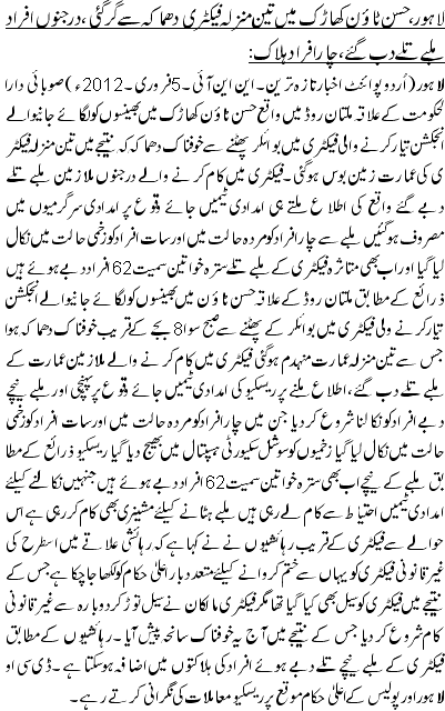 لاہور، حسن ٹا ؤن کھاڑک میں تین منزلہ فیکٹر ی دھماکہ سے گرگئی ،درجنوں افراد ملبے تلے دب گئے، چار افراد ہلا ک