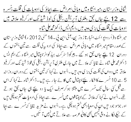 شمالی وزیرستان ،میرانشاہ میں وبائی امراض سے بچاؤ کی ادویات کی قلت،خسرہ سے12 بچے جاں بحق ،ملٹری آپریشن ، بجلی کی لوڈ شیڈنگ اور کرفیو علاقہ میں ادویات کی قلت کی بڑی وجہ ہیں، ایم ایس ڈاکٹر محمد علی شاہ