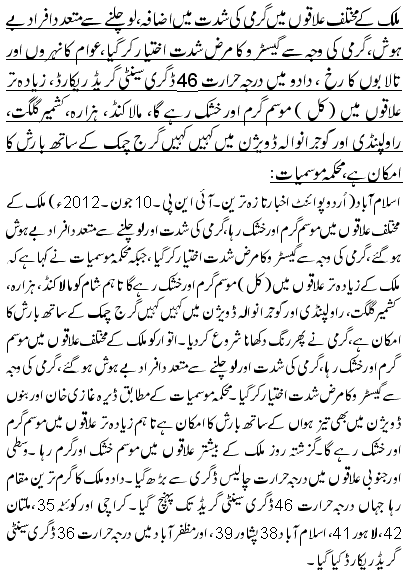 ملک کے مختلف علاقوں میں گرمی کی شدت میں اضافہ ، لو چلنے سے متعدد افراد بے ہو ش، گرمی کی وجہ سے گیسٹرو کا مرض شدت اختیار کر گیا، عوام کا نہروں اور تالابوں کا رخ ، دادو میں درجہ حرارت 46ڈگری سینٹی گریڈ ریکارڈ، زیادہ تر علاقوں میں (کل ) موسم گرم اور خشک رہے گا، مالاکنڈ، ہزارہ، کشمیر گلگت، راولپنڈی اور گوجرانوالہ ڈویژن میں کہیں کہیں گرج چمک کے ساتھ بارش کا امکان ہے، محکمہ موسمیات