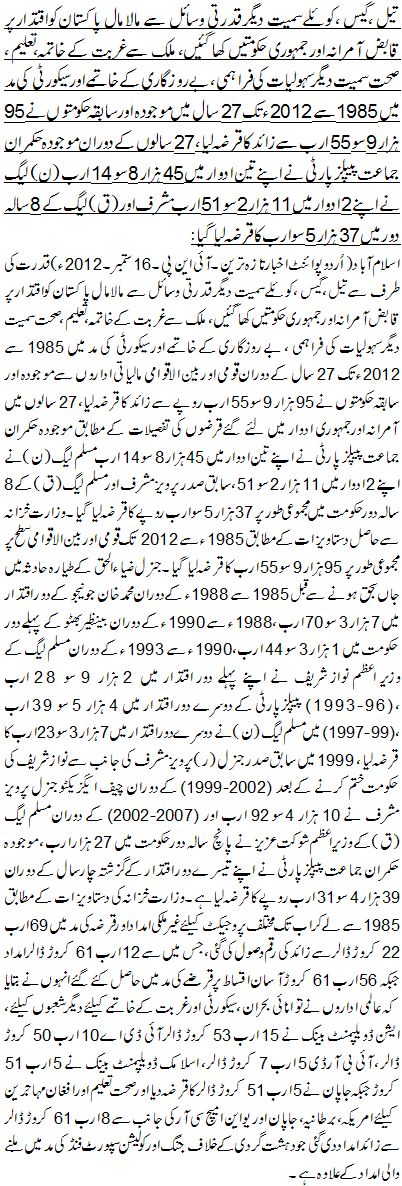 تیل ،گیس ، کوئلے سمیت دیگر قدرتی وسائل سے مالامال پاکستان کواقتدارپر قابض آمرانہ اور جمہوری حکومتیں کھا گئیں، ملک سے غربت کے خاتمہ،تعلیم ، صحت سمیت دیگر سہولیات کی فراہمی ، بے روزگاری کے خاتمے اور سیکورٹی کی مد میں 1985 سے 2012ء تک 27 سال میں موجودہ اور سابقہ حکومتوں نے 95 ہزار 9سو 55 ارب سے زائد کا قرضہ لیا،27 سالوں کے دوران موجودہ حکمران جماعت پیپلز پارٹی نے اپنے تین ادوار میں 45 ہزار 8 سو 14 ارب (ن) لیگ نے اپنے 2 ادوار میں 11 ہزار 2 سو 51 ارب مشرف اور (ق) لیگ کے 8 سالہ دور میں 37 ہزار 5سو ارب کا قرضہ لیا گیا